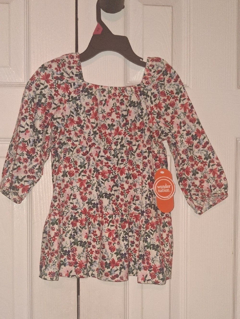 wonder nation Floral Smocked Peasant Top - Pink, Green, White